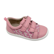 Load image into Gallery viewer, A pink floral leather shoe with double velcro fastenings and a flat sole designed for children.