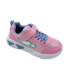 Load image into Gallery viewer, A pair of pink Geox Assister Lights Trainers for kids with blue details and arrow-shaped lights on the sole.