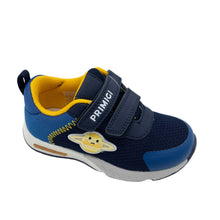 Load image into Gallery viewer, A navy and orange child's trainer with flashing lights in the heel and a planets detail along the side. It has double velcro straps and a rubber sole.