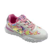Load image into Gallery viewer, A child's lace-up trainer featuring a white base with pink and multicolored pattern and signature Agatha heart designs.