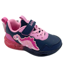 Load image into Gallery viewer, A navy and pink sneaker with a dinosaur design, featuring a single velcro strap and elasticated lace.
