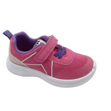 Load image into Gallery viewer, A child's running shoe with a pink and purple color scheme, featuring a breathable upper, a single velcro strap, and elasticated lace.