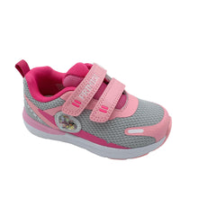 Load image into Gallery viewer, A pair of Primigi Baby Runner sneakers for girls, featuring a grey and pink color scheme with a knitted upper, double velcro straps, and a non-slip rubber sole.