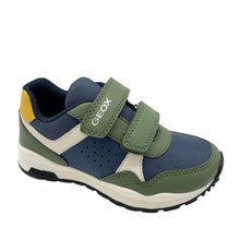 Load image into Gallery viewer, A child's Geox Pavel sneaker in military green and avio blue with double velcro fastening and a non-slip sole.