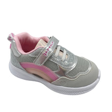 Load image into Gallery viewer, A child's trainer featuring silver and pink colors with light-up features and a velcro fastening.