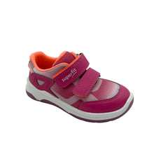 Load image into Gallery viewer, A pink and orange Superfit Cooper Trainer shoe with double velcro fastenings and a rubber non-slip sole.