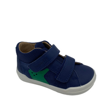 Load image into Gallery viewer, A blue and green sneaker with a lace-up closure and a flat sole.