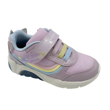 Load image into Gallery viewer, A child's Geox Fadinlight Unicorn sneaker in pink and purple colors with a single velcro strap and elastic laces, featuring lights in the sole.