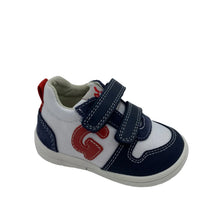 Load image into Gallery viewer, A pair of Garvalin G Shoes in Ocean and Blanco colors, featuring a leather lining, suede trim on heel, and double velcro straps.