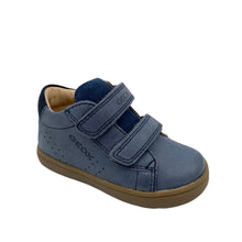 Load image into Gallery viewer, A blue Geox Biglia Avio toddler shoe with double velcro strap, leather upper, lining and insole, and a non-slip sole.