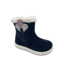 Load image into Gallery viewer, A navy-colored Geox Trottola ankle boot with a suede leather upper and fleece lining, featuring a side zipper and a balloon detail.