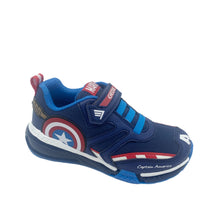 Load image into Gallery viewer, A navy and red Geox Bayonic sneaker featuring the Captain America logo and character name on the upper.