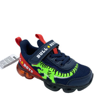 Load image into Gallery viewer, Children's navy trainers with dinosaur character and bright red lights in the sole, featuring a Velcro strap and elastic laces.