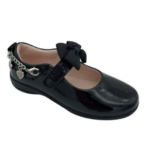 Load image into Gallery viewer, Black patent leather mary jane with a removable black fabric bow and a non-slip rubber sole.