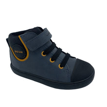 Load image into Gallery viewer, A pair of Geox Gisli high-top sneakers in blue and yellow colors with elastic laces and a single velcro strap, featuring a breathable footbed and padded ankle.