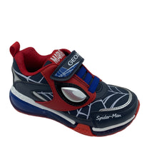 Load image into Gallery viewer, A pair of Geox Bayonic Lights Spiderman Trainers in royal blue and red with a Geox logo, featuring Spiderman character artwork and a breathable footbed.