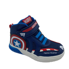 Load image into Gallery viewer, A Geox Grayjay Marvel Hi-Top trainer with a navy and red color scheme, featuring a light-up design and a breathable footbed.