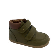 Load image into Gallery viewer, A green Bobux Timber Ankle Boot with tan trim on the heel and double velcro straps.