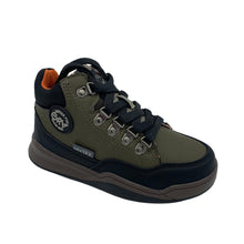 Load image into Gallery viewer, A pair of kaki green Garvalin tex waterproof ankle boots with black laces and a non-slip sole.