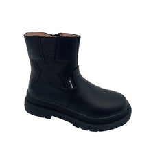 Load image into Gallery viewer, A black leather Chelsea boot with a non-slip sole and elasticated sides, featuring a funky star detail along the side and a side zipper.
