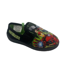 Load image into Gallery viewer, A pair of Marvel Avengers themed slippers in lime green and black with embroidered details on the heel.