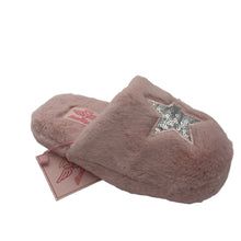 Load image into Gallery viewer, A pink faux fur slipper with a silver star sequin detail on the top and rubber grips on the sole.