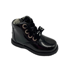 Load image into Gallery viewer, Black patent leather ankle boot with velvet laces and diamond detail around the eyelets.