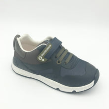 Load image into Gallery viewer, A navy and khaki leather trainer with a toe guard and laces, designed for children.