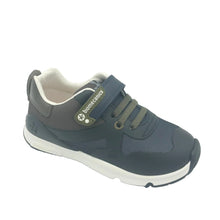 Load image into Gallery viewer, A navy and khaki leather trainer with a toe guard and laces, designed for children.