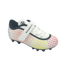 Load image into Gallery viewer, A multicolored KlaasKickz football boot with a single Velcro strap and elasticated lace.