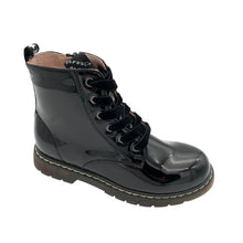 Load image into Gallery viewer, Black patent leather ankle boot with lace-up closure and side zipper.