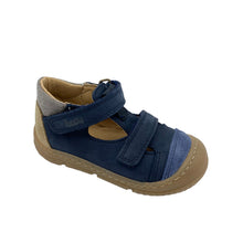 Load image into Gallery viewer, A navy and brown Bopy Jacour shoe for kids with a leather upper and insole, featuring double velcro fastening and a T-bar style.