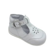 Load image into Gallery viewer, A white baby pouf shoe with a buckle fastening and cut-out detailing on a grey background.