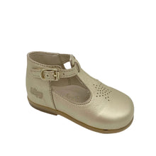 Load image into Gallery viewer, A gold-colored leather lace-up junior shoe with a classic buckle fastening and cut-out detail across the top.