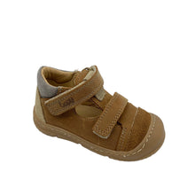 Load image into Gallery viewer, A pair of caramel-colored Bopy Jacour shoes with leather upper and insole, featuring double velcro fastening and a T-bar style.