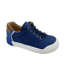 Load image into Gallery viewer, A blue suede Bopy Voda shoe with lace-up closure, a side zipper, and a non-slip sole.