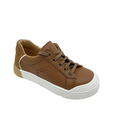 Load image into Gallery viewer, A caramel-colored, leather lace-up sneaker with a side zipper and a non-slip sole.
