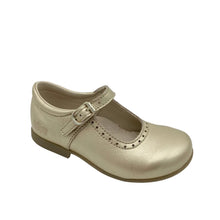 Load image into Gallery viewer, A gold-colored Bopy Savenay shoe with a leather upper and lining, featuring a classic buckle fastening and cut-out detail along the rim.