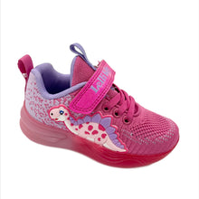 Load image into Gallery viewer, A pink Lelli Kelly Dinosaur Lights Trainer with multicolored lights on the sole and a dinosaur design on the side.