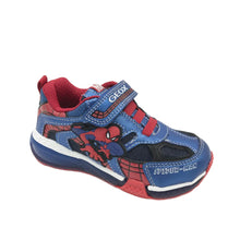 Load image into Gallery viewer, A pair of Geox Bayonic Lights Spiderman navy and royal blue sneakers with a breathable footbed and light-up feature.