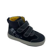 Load image into Gallery viewer, A black and gray Garvalin Astronaut Ankle Boot with double velcro straps and a mixed fabric design, featuring an astronaut figure on the side.
