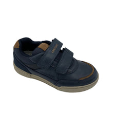 Load image into Gallery viewer, A navy and cognac Geox Poseido shoe with double velcro straps and a leather upper.