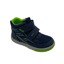 Load image into Gallery viewer, A navy and green Lurchi Jorge-Tex ankle boot with double velcro straps and a non-slip sole, designed for children.