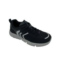 Load image into Gallery viewer, A pair of Geox Aril Trainer shoes for children, featuring a black and silver color scheme, with perforated sole and elasticated laces.