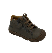 Load image into Gallery viewer, A taupe-colored Bopy Jejoc ankle boot for kids with laces and a side zipper, set against a white background.