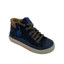 Load image into Gallery viewer, A navy blue Bopy Velvet Hi-Top with taupe detail on the heel and royal blue flashes of color. It features a lace-up closure and a side zipper.