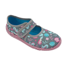 Load image into Gallery viewer, A canvas shoe with a mermaid print design, featuring a pink and gray color scheme and decorative elements such as a bow and ballerina silhouette. It has a non-slip sole and a Velcro fastening.