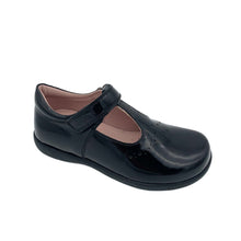 Load image into Gallery viewer, A black patent leather Geox Naimara T-Bar with a hard wearing and shock absorbing sole, featuring a leather insole and lining with a single Velcro fastening.