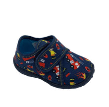 Load image into Gallery viewer, A child's slipper with a fire fighter themed print, featuring secure velcro fastening, a non-slip sole, and a breathable foot bed.
