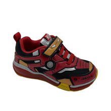 Load image into Gallery viewer, A pair of black and red Geox Bayonic Lights Iron Man trainers with light-up features and a breathable footbed.